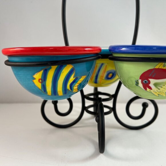 Fish Ceramic Condiment Sauce Holders Metal Fish Shaped Tidbit Caddy - Picture 10 of 16